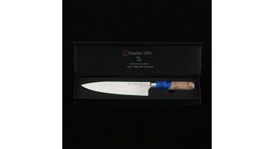 Katahiro Zen 8” Kochmesser, Japanischer VG-10 Damaszener Stahl,  Griff aus weißem Ahorn-Wurzelholz und blauem Acrylharz