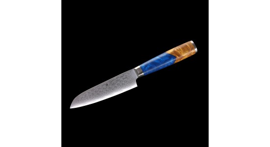 Katahiro Zen 5” Santokumesser, Japanischer VG-10 Damaszener Stahl,  Griff aus weißem Ahorn-Wurzelholz und blauem Acrylharz