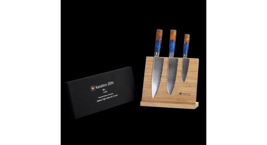 3-tlg. Katahiro Zen Damast Kochmesser-Set (8” Koch-, 7” Santoku-, 5” Santokumesser) Griff aus  weißem Ahorn-Wurzelholz und blauem Acrylharz