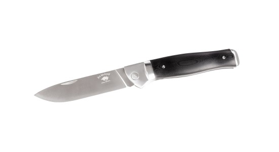 ED MAHONY Ebony Folder 3rd Generation Taschenmesser, Liner Lock, Fibercarbon Griffschalen,  mit Lederetui, 440C