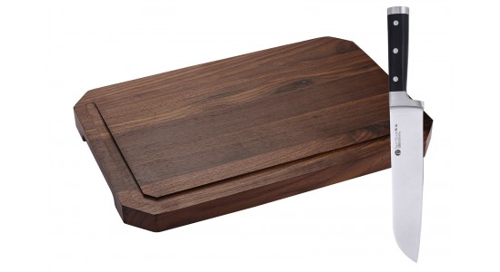 IZUMI ICHIAGO Schneidebrett. Maße: 45x30x3,5cm / 3,0 kgs aus Amerikanischem Walnußholz, mit Leinen-Öl behandelt + Santokumesser