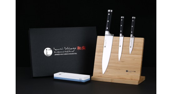 IZUMI ICHIAGO - 3-tlg. Kochmesser-Set "Professional Chef Knives" inkl. Bambustständer und zusätzlichem Wasserschleifstein