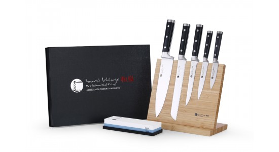 IZUMI ICHIAGO 5 tlg. Kochmesser Set "Professional Chef Knives" aus aus Japanischer High-Carbon Edelstahl mit Magnetständer und Schleifstein