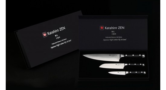 KATAHIRO ZEN 3-tlgs. Chefmesser Damaststahl Set - Chefmesser , Santokumesser, Schälmesser