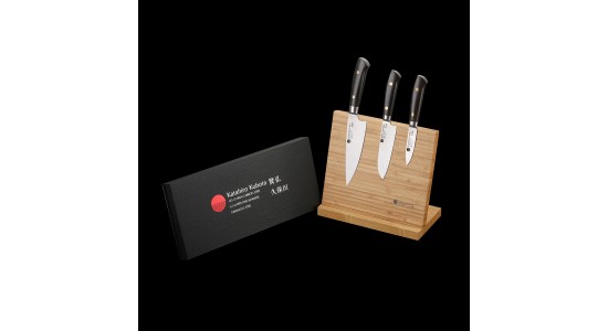KATAHIRO KUBOTA SENSE 3-tlgs. Kochmesser Damast set mit Bambus Magnetmesserhalter , 3.5"Petty Schälmesser + 5" Santokumesser +  6" Kochmesser,Japanischer VG-10 damast Edelstahl mit Griff Ebenholz