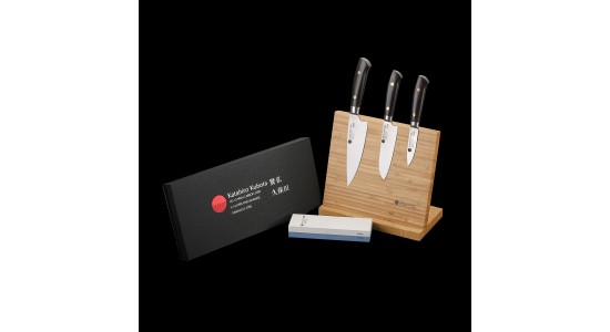 KATAHIRO KUBOTA SENSE 3-tlgs.  Kochmesser Damast set mit Bambus Magnetmesserhalter und Wasserschleifstein, 3.5"Petty Schälmesser + 5" Santokumesser +  6" Kochmesser,Japanischer VG-10 damast Edelstahl mit  Griff Ebenholz