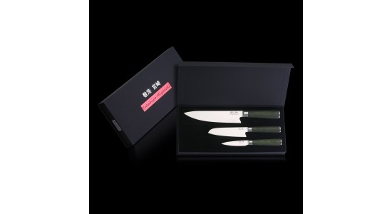 Miyazaki Kodawari 3 tlg. Kochmesser set , Griff aus Pakkaholz grün 