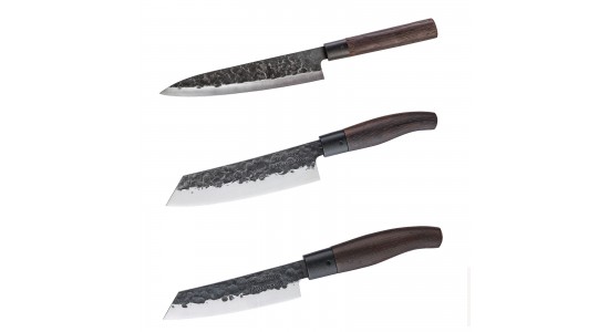 TAKAHIRO MIYAZAKI - 3-er Set Gyotu - Fisch- und Fleischmesser  8 inch, Santoku Bocho Okii 7 inch und Chiisai 5.5 inch, aus japanischem blauem Papierstahl mit Griff aus Wenige