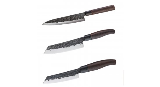 TAKAHIRO MIYAZAKI - 3-er Set Gyotu - Fisch- und Fleischmesser  8 inch, Santoku Bocho Okii 7 inch und Chiisai 5.5 inch, aus japanischem blauem Papierstahl mit Griff aus Wenige