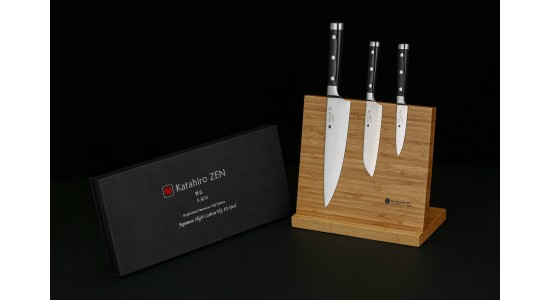 KATAHIRO ZEN  3-tlgs. Chefmesser Damaststahl Set- Chefmesser, Santokumesser, Schälmesser mit Bambus Magnet-Messerhalter