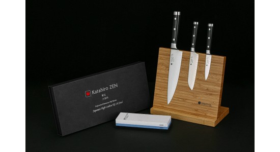 KATAHIRO ZEN 3-tlgs. Chefmesser Damaststahl Set- Chefmesser, Santokumesser, Schälmesser mit Bambus Magnet-Messerhalter aus Schleifstein