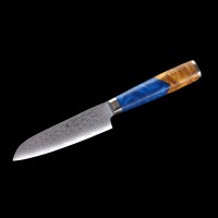 Katahiro Zen 5” Santokumesser, Japanischer VG-10 Damaszener Stahl,  Griff aus weißem Ahorn-Wurzelholz und blauem Acrylharz