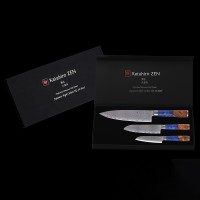 3-tlg. Katahiro Zen Damast Kochmesser-Set (8” Koch-, 7” Santoku-, 5” Santokumesser) Griff aus weißem Ahorn-Wurzelholz und blauem Acrylharz