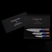 3-tlg. Katahiro Zen Damast Kochmesser-Set (8” Koch-, 7” Santoku-, 5” Santokumesser) Griff aus weißem Ahorn-Wurzelholz und blauem Acrylharz