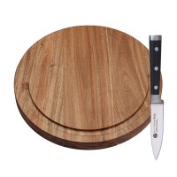 IZUMI ICHIAGO Rundes Schneidebrett / Hackbrett mit Saftrinne. Maße: 33.5x33.5x3cm / 1,4 kg aus Akazienholz, mit Leinen-Öl behandelt + Schälmesser