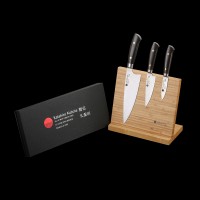 KATAHIRO KUBOTA  SENSE 3-tlgs. Kochmesser Damast set mit Bambus Magnetmesserhalter  ,3.5" Petty Schälmesser+ 5" Kochmesser + 8" Kochmesser , Japanischer VG-10 damast Edelstahl mit  Griff Ebenholz
