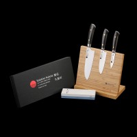 KATAHIRO KUBOTA SENSE 3-tlgs. Santokumesser Damast mit Bambus Magnetmesserhalter und Wasserschleifstein, 3.5"Petty Schälmesser + 5" Santokumesser +  7" Santokumesser,Japanischer VG-10 damast Edelstahl mit Griff Ebenholz